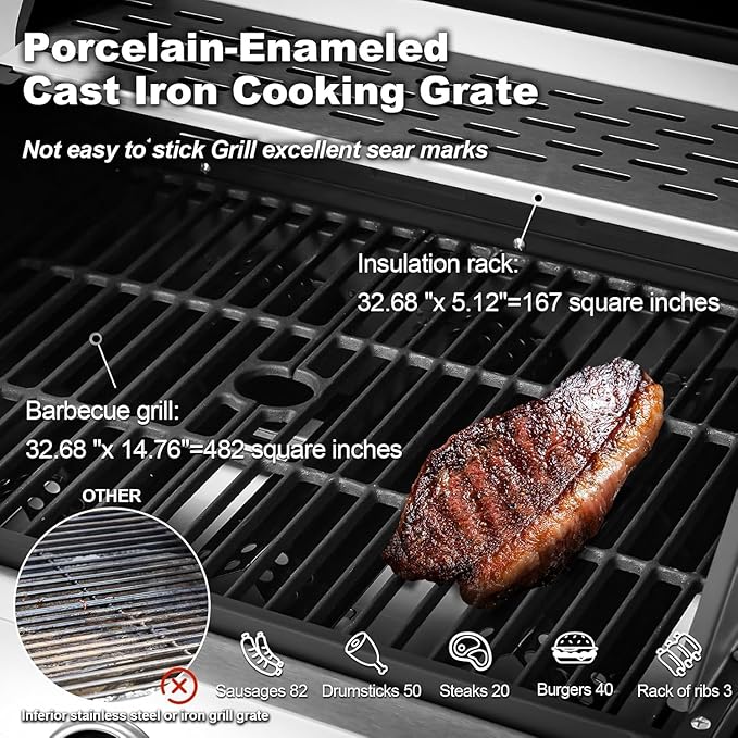 MELLCOM Upgraded 60,000 BTU Stainless Steel Burner Barbecue Grill, 6 Burner BBQ Propane Gas Grill with Side Stove & Cast Iron Grates for Patio, Camping, Outdoor Cooking