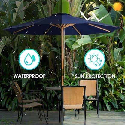 9ft Wooden Umbrella, Outdoor Patio Umbrella, Wood Market Umbrella, Patio Umbrella Wood Pole with Pulley Lift for Garden, Yard, Deck, Pool, Market