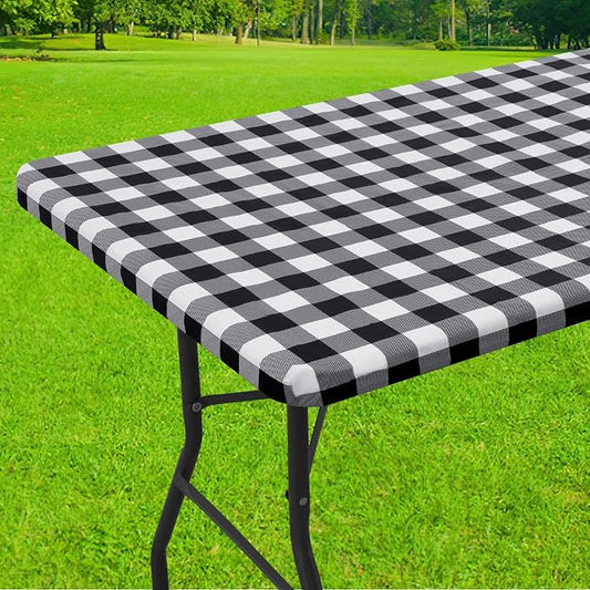 Smiry Rectangle Picnic Table Cloth, Elastic Waterproof Fitted Vinyl Tablecloths, Flannel Backed Buffalo Plaid Table Covers for Dining, Camping, Outdoor (Black and White, 24" x 72")