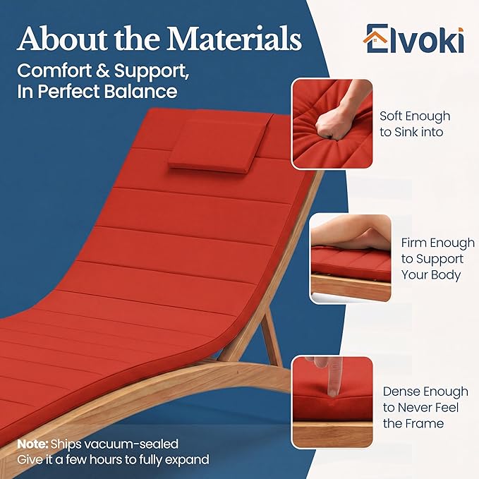 Quilted Chaise Lounge Outdoor Patio Furniture Cushions | Water-Resistant Patio Chair Cushions | Durable, High-Density Foam Outdoor Chair Cushions - Red, 72"x21" (Chair Not Included)