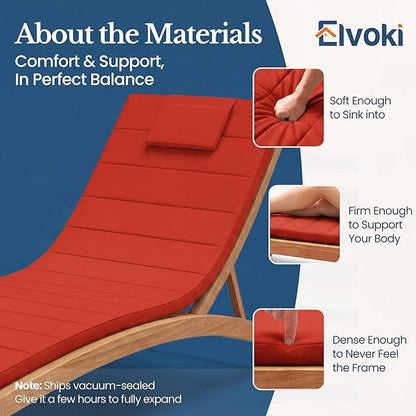Quilted Chaise Lounge Outdoor Patio Furniture Cushions | Water-Resistant Patio Chair Cushions | Durable, High-Density Foam Outdoor Chair Cushions - Red, 72"x21" (Chair Not Included)