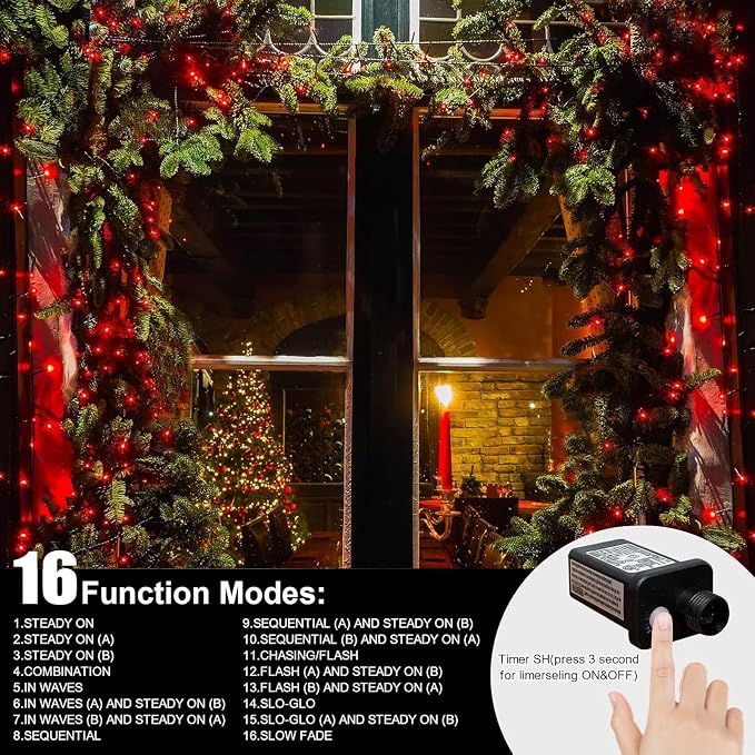 33ft Christmas Decorative Mini Lights, 100 LED Green Wire Fairy Starry String Lights Plug in, 16 Lighting Modes, for Indoor Outdoor Xmas Tree Wedding Party Decoration (Red)