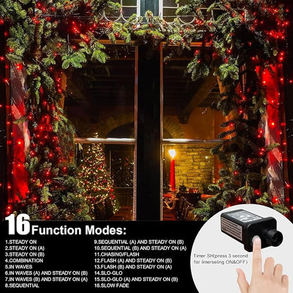 33ft Christmas Decorative Mini Lights, 100 LED Green Wire Fairy Starry String Lights Plug in, 16 Lighting Modes, for Indoor Outdoor Xmas Tree Wedding Party Decoration (Red)