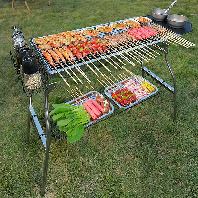 Large Barbecue Grill Stainless Steel BBQ Charcoal Grill Smoker Barbecue Folding Portable for Outdoor Cooking Camping Hiking Picnics Backpacking with Baking Tray 73 * 70 * 33cm