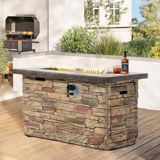 42" Propane Gas Fire Pit Table, 50,000 BTU Outdoor Patio Fire Pit, Concrete Fire Pit with Realistic Stone Base, Stainless Steel Burner, Glass Rocks & Tank Storage for Deck Backyard Garden