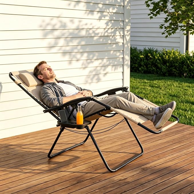Adjustable Folding Lounge Chair, Portable Camping Chair for Adults with Headrest, Reclining Outdoor Chair with RemovableTray, Foldable Low Beach Chair for Camping, Picnic, Travel, Khaki