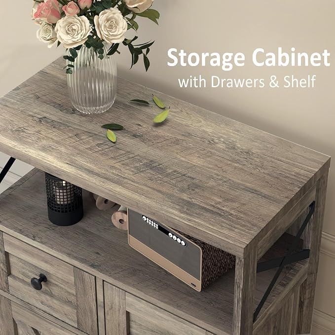 Befrases Farmhouse Storage Cabinet with Drawers and Shelf, Freestanding Kitchen Pantry Hutch for Kitchen, Living Room, Home Office, Rustic Grey
