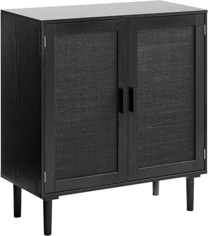 VEVOR Buffet Cabinet, Rattan Sideboard Cabinet with 2 Magnetic Doors and Adjustable Shelves, Accent Sideboard Buffet with Wooden Legs & Power Cord Hole for Hallway, Entryway, Kitchen, Black