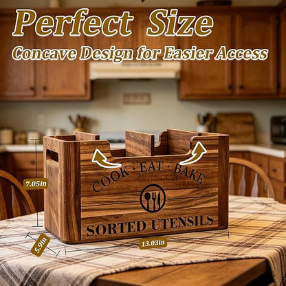 Upgraded Acacia Wood Kitchen Utensil Holder, Large Utensil Holder with Warm Aesthetic Spacious Compartment, Wooden Container for Cooking Tools, Cutlery, Spice Jars and Oil Bottles (Hybrid Caddy)