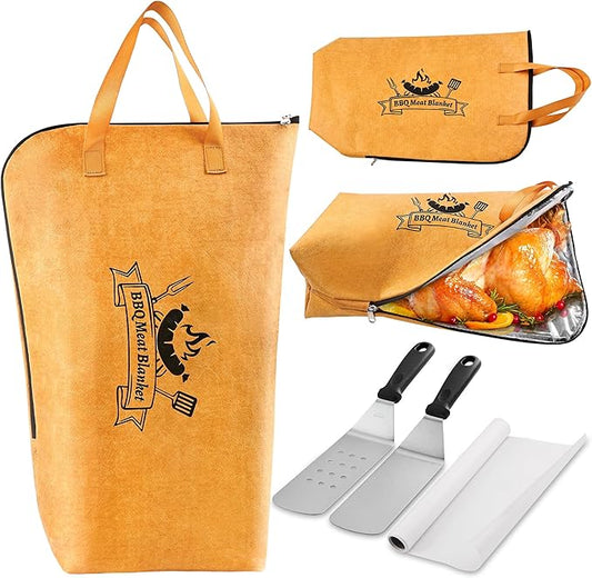Grilljoy 4PCS Griddle Accessories Set - BBQ Blanket for Resting Meat, Meat Resting Blanket with Stainless Steel Griddle Spatula & Silicone Oil Paper, Essential Smoker Accessories for BBQ Lovers