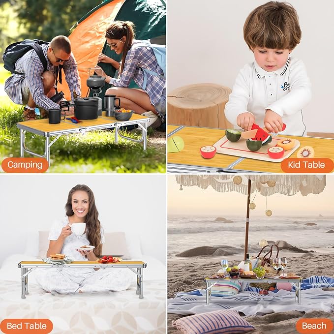 FUNYKICH 3ft Low Folding Camping Table with Carry Bag, 34.2'' Lx15.7'' W Portable Picnic Tables, Lightweight Thicker Aluminum Beach Table with Carry Handle for Beach, Camping, Picnic, Yellow