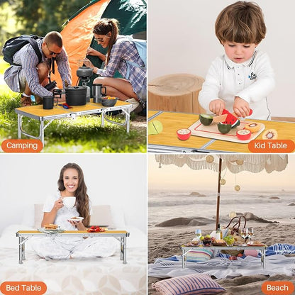 FUNYKICH 3ft Low Folding Camping Table with Carry Bag, 34.2'' Lx15.7'' W Portable Picnic Tables, Lightweight Thicker Aluminum Beach Table with Carry Handle for Beach, Camping, Picnic, Yellow