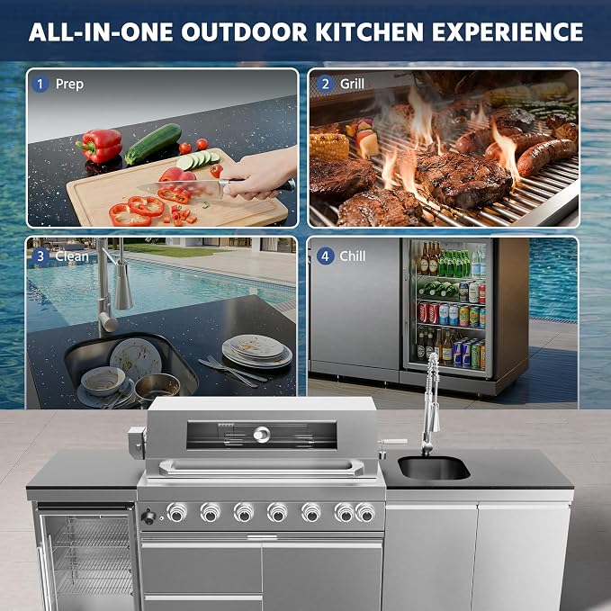 96" Outdoor Kitchen Grill Island with Refrigerator and Sink, 6 Burner 85000 BTU Stainless Steel BBQ Grill Station, Outdoor Cooking Station for Backyard Patio Poolside, Silver