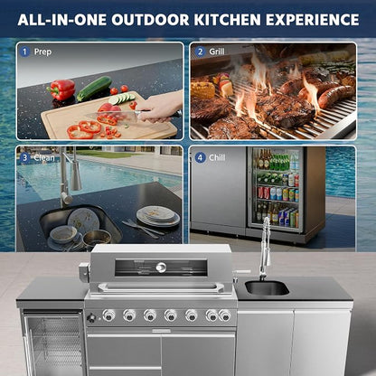 96" Outdoor Kitchen Grill Island with Refrigerator and Sink, 6 Burner 85000 BTU Stainless Steel BBQ Grill Station, Outdoor Cooking Station for Backyard Patio Poolside, Silver