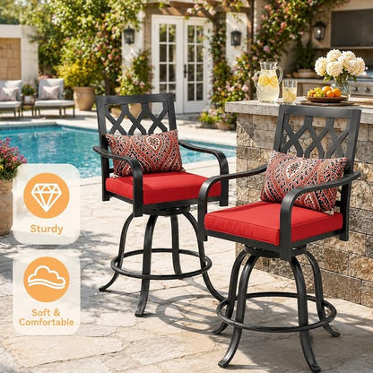 DWVO Metal Outdoor Bar Stools Set of 8, Heavy-Duty Bar Height Outdoor Chairs 352 Lbs Capacity, All-Weather E-Coated Swivel Barstools with Red Cushion & Pillow for Patio Deck Balcony