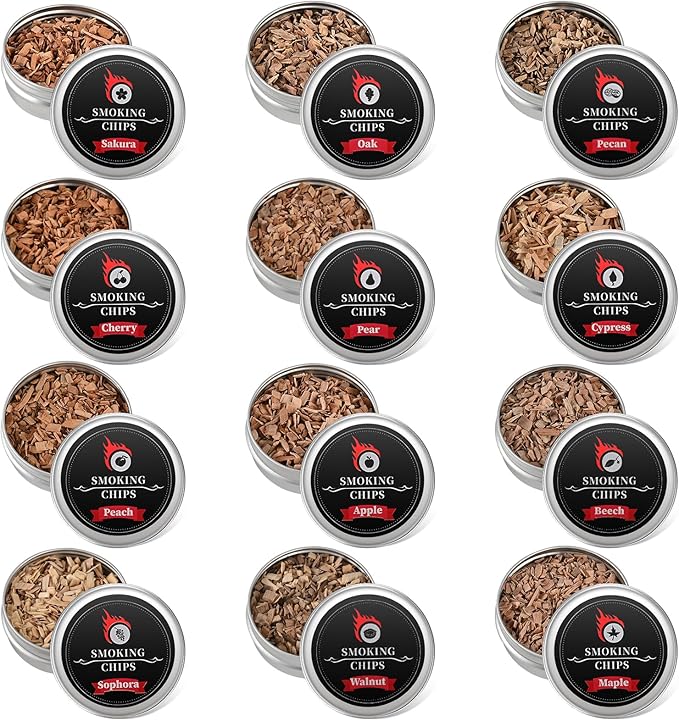 Wood Chips Cocktail Smoker, 12 Flavors Apple, Oak, Pear, Cherry, Beech, Walnut, Sakura, Peach, Cypress, Mesquite, Pecan, Maple, Natural Smoking Chips for Cocktails, Whiskey Drink Smoker Gift Set