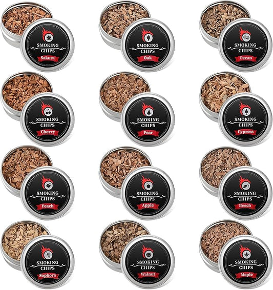 Wood Chips Cocktail Smoker, 12 Flavors Apple, Oak, Pear, Cherry, Beech, Walnut, Sakura, Peach, Cypress, Mesquite, Pecan, Maple, Natural Smoking Chips for Cocktails, Whiskey Drink Smoker Gift Set