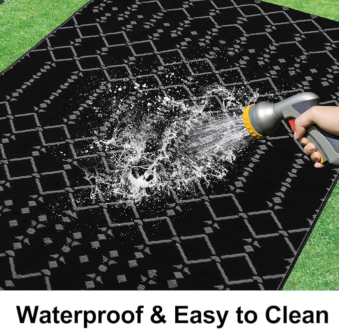 Smiry Outdoor Rug 5x8 ft Waterproof Reversible Boho Mat, Dark Grey | Polypropylene Plastic Straw, Quick Drying, Lightweight Foldable, for Patio, Deck, RV Camping, Backyard and Indoor Outdoor Use
