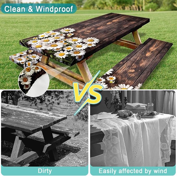 Picnic Table Cover with Bench Covers Elastic Edges, Wooden Board Daisy Fitted Table Cover, Outdoor Patio Camping Essentials 3PCS, Waterproof Camping Fitted Tablecloth with Drawstring Bag 96in