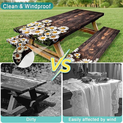 Picnic Table Cover with Bench Covers Elastic Edges, Wooden Board Daisy Fitted Table Cover, Outdoor Patio Camping Essentials 3PCS, Waterproof Camping Fitted Tablecloth with Drawstring Bag 60in