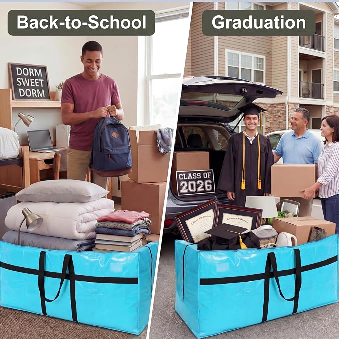 4 Pcs 96 Gallon Extra Large Moving Bags Heavy Duty Storage Bag with Strong Zipper Handle Foldable XXL Jumbo Storage Tote Packing Moving Box for College Dorm Travel Cloth Duffle (Lake Blue)