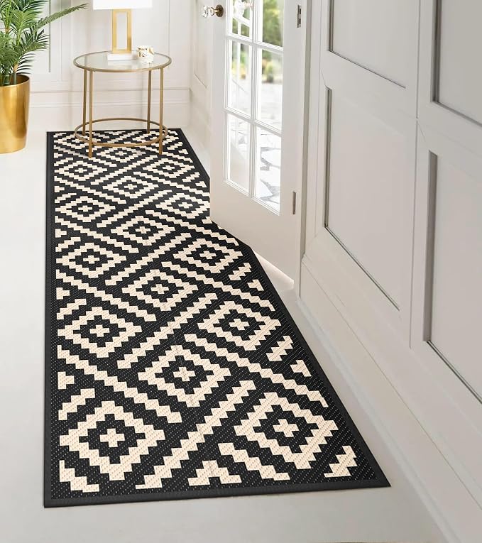 GENIMO Outdoor Rug, Waterproof Plastic Runner Rugs, 2.5'x8' Black Beige | Outside Modern Carpet Mat for Patio Decor, Porch, Deck, Balcony, Camping, RV, Picnic, Beach, Reversible, Foldable