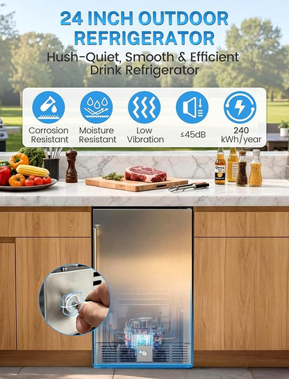Electactic 15 Inch Beverage Refrigerator, Under Counter Drink Fridge with Stainless Steel Door, Built-in & Freestanding Beverage Cooler for Beer Wine Soda, Outdoor Refrigerator for Patio Home Kitchen