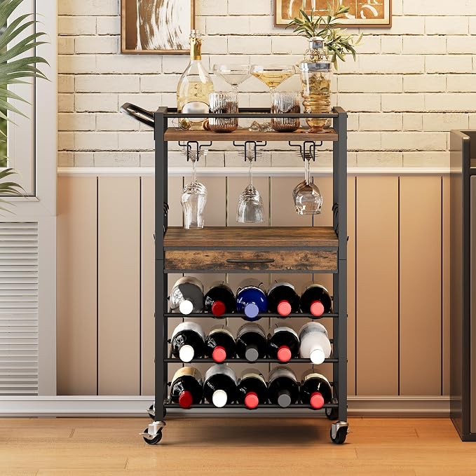 3-Tier Bar Cart with Drawer, Home Bar Serving Cart with Glass Holder and Handle, Rolling Mini Liquor Bar for Wine Beverage Dinner Party, Drink Cart for Home Kitchen Bars, Rustic Brown 8001TCBF