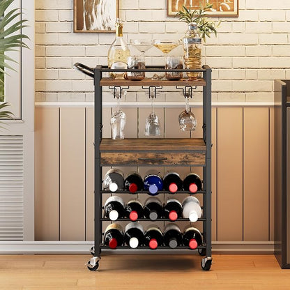 3-Tier Bar Cart with Drawer, Home Bar Serving Cart with Glass Holder and Handle, Rolling Mini Liquor Bar for Wine Beverage Dinner Party, Drink Cart for Home Kitchen Bars, Rustic Brown 8001TCBF
