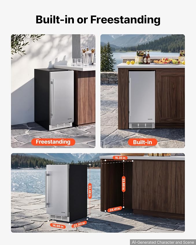 VEVOR Outdoor Beverage Refrigerator, 15 Inch Undercounter Drink Fridge | 304 Stainless Steel Door, 3.0 Cu. Ft, Hold 94 Cans, Powerful Cooling System, Built-in / Freestand Cooler, Home Bar & Patio