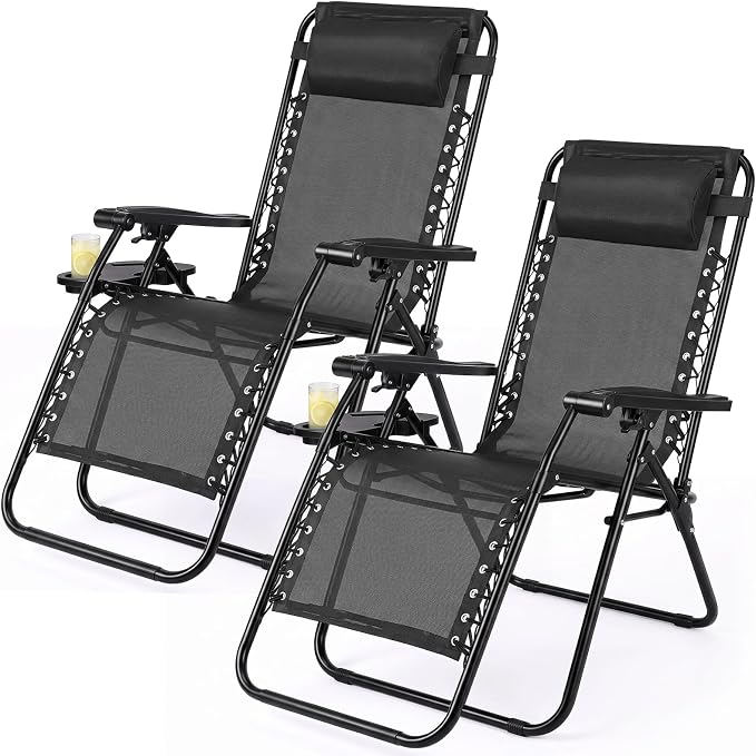 Zero Gravity Chairs Set of 2, Outdoor Folding Lounge Chairs | Foldable Reclining Patio Lawn Chairs with Mesh Back, Adjustable Pillows and Cup Holder Trays, for Pool, Beach, Backyard