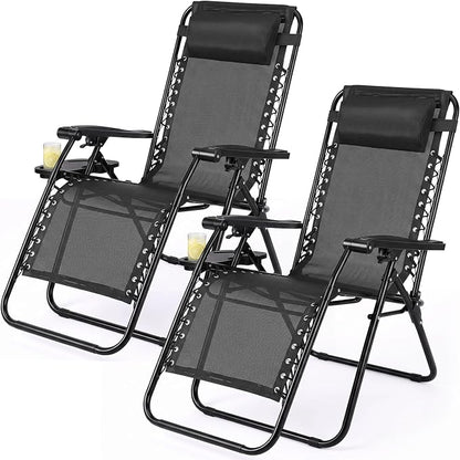 Zero Gravity Chairs Set of 2, Outdoor Folding Lounge Chairs | Foldable Reclining Patio Lawn Chairs with Mesh Back, Adjustable Pillows and Cup Holder Trays, for Pool, Beach, Backyard