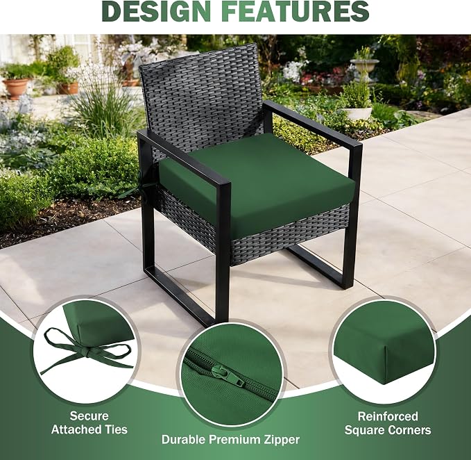 Outdoor Chair Cushions Set of 4, 19x19x3Inch Waterproof & Fade Resistant Patio Furniture Seat Cushions with Ties, Square Outdoor Dining Chair Cushions for Lawn, Garden, Deck&Yard, Forest Green
