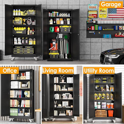 PAOFIN 71''H Tall Metal Garage Storage Cabinet with Wheels,Steel File Cabinets with 2 Doors and 4 Adjustable Shelves for Home Office, Warehouse, Required Assembly,Black
