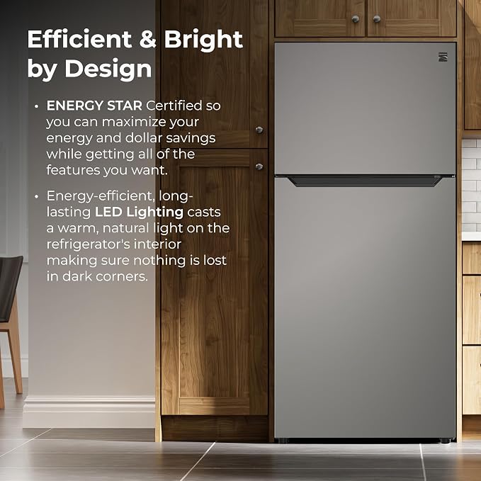 Kenmore 25 cu. ft. 33" Wide Top Mount Refrigerator - FPR Stainless Steel | Adjustable Glass Shelving, Crisper Drawers, Gallon Door Bins, LED Lighting, Fingerprint Resistant SS, ENERGY STAR Certified