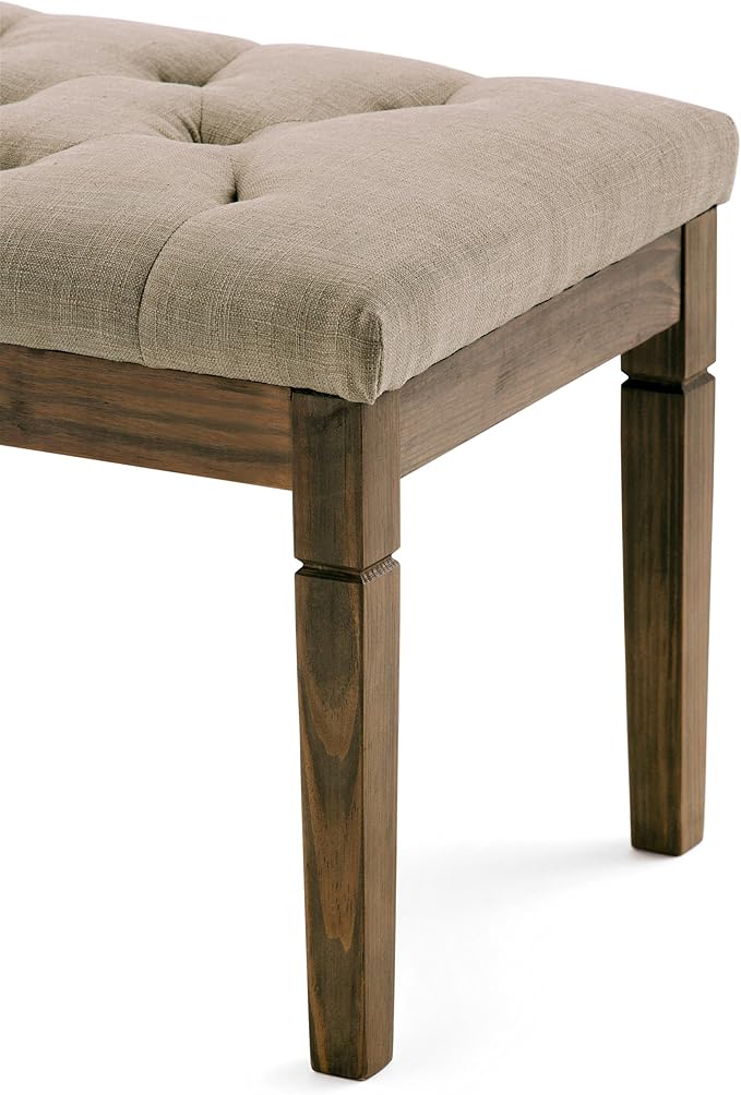 SIMPLIHOME Waverly 48" Wide Linen Look Rectangle Ottoman in Natural | Natural linen look, traditional tufted ottoman bench with carved legs; perfect footstool or footrest for bedroom or entryway.