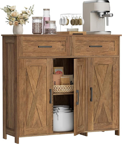 Homhedy Coffee Bar Storage Cabinet with Drawers, Kitchen Buffet Cabinet | Sideboard Cabinet with Doors, Farmhouse Buffet Cabinet, Adjustable Shelves, for Kitchen / Dining / Living Room, Rustic Walnut
