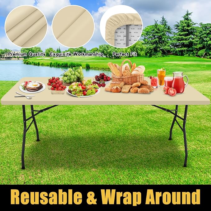 Smiry Rectangle Picnic Table Cloth, Waterproof Elastic Fitted Tablecloths for 4 Foot Tables, Washable Polyester Table Cover for Camping, Indoor and Outdoor (Champagne, 30"x48")