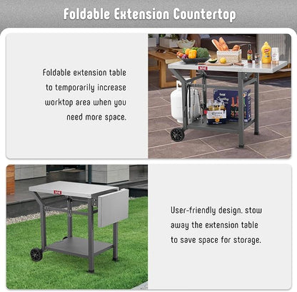 Feasto 43" Lx20 W Grill Table with Folding Side Table & Undershelf, Gray | Stainless Steel Tabletop, Foldable Side Shelf, Sturdy Undershelf, for Pizza Ovens, BBQ Grills, & Prep Work (Hooks Included)