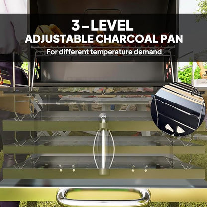 Charcoal BBQ Grill with 245 sq. in. Cooking Area, Outdoor Barbecue Grill with Adjustable Charcoal Pan, 3 Shelves, Thermometer, Wheels, Black 245 Square Inch Grilling Surface: This large charcoal BB