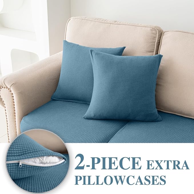 LA MEACK Couch Cushion Covers for Sectional Sofa L Shape Washable Separate Seat Chaise Couch Cover Stretch Sofa Slipcovers with 2 Pcs Pillowcases(3 Seater + 1 Chaise, Blue)