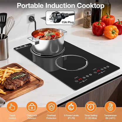 Double Induction Cooktop, Portable Induction Stove Hot Plate with 9-Level Touch Control, Safety Lock, Auto Shutoff Timer Setting, Overheating Protection for Apartments, RVs, Camping