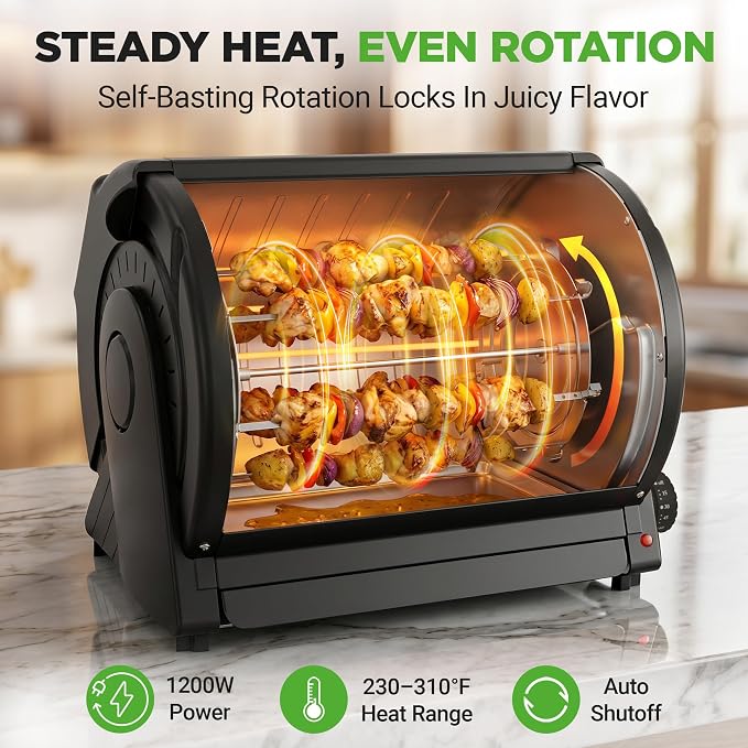 NutriChef Horizontal Rotating Shawarma Oven | Rotisserie, Shawarma & Kebab Machine | Includes Large 22.4 Quart Capacity, 3-Hour Timer & 6 Kebab Skewers | Ideal for Chicken,Turkey & Lamb | Black