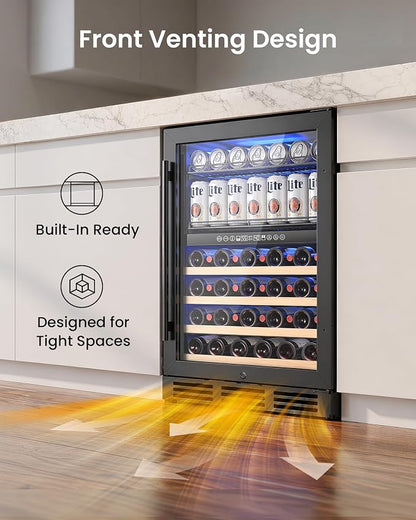 24 Inch Dual Zone Wine Fridge and Beverage Refrigerator, 63 Cans & 30 Bottles, Built-in Freestanding Under Counter Wine Cooler, UV Glass Door, Quiet Cooling, Lock, for Home Bar Office, Black