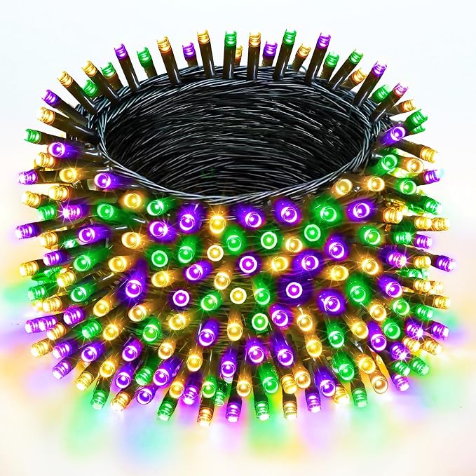 200 LED Extendable Green Yellow Purple Mardi Gras Lights Outdoor Indoor | 75.8FT, Timer & Memory Function,8 Modes,Plug in String Lights Waterproof for Creepy Halloween Party Tree Roof Graveyard Decor