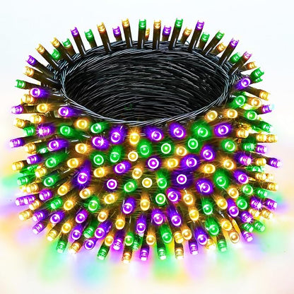 200 LED Extendable Green Yellow Purple Mardi Gras Lights Outdoor Indoor | 75.8FT, Timer & Memory Function,8 Modes,Plug in String Lights Waterproof for Creepy Halloween Party Tree Roof Graveyard Decor