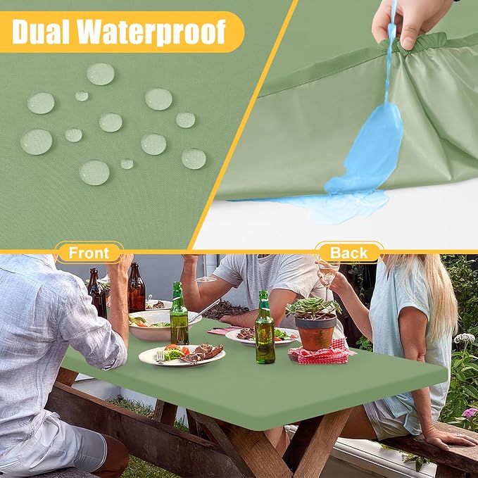 Rectangle Table Cloth, Waterproof Elastic Fitted Tablecloth for 5 Foot Folding Tables, Washable Polyester Tablecloths for Picnic, Camping, Outdoor (Green, 30"x60")