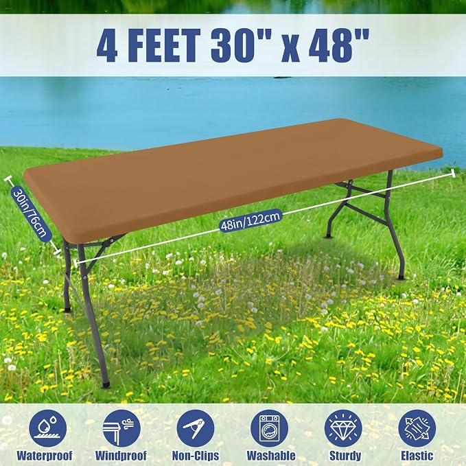 Moosfor 2 Pack Rectangle Spandex Fitted Table Cloth, 4FT Elastic Tablecloth | Washable Picnic Table Cover, Stretch Waterproof Table cloths for Party, Patio, Dining, Kitchen, 30" x 48", Brown