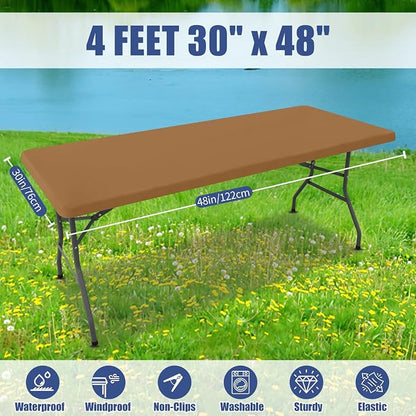 Moosfor 2 Pack Rectangle Spandex Fitted Table Cloth, 4FT Elastic Tablecloth | Washable Picnic Table Cover, Stretch Waterproof Table cloths for Party, Patio, Dining, Kitchen, 30" x 48", Brown