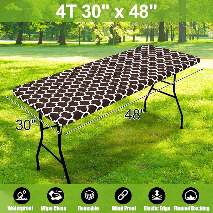 Smiry Picnic Fitted Table Cover, 4 Foot Flannel Backed Vinyl Tablecloth | Waterproof Elastic Stretch Table Cloth, Wipeable Plastic Tablecloth for Camping, Indoor & Outdoor (Coffee, 30" x 48")